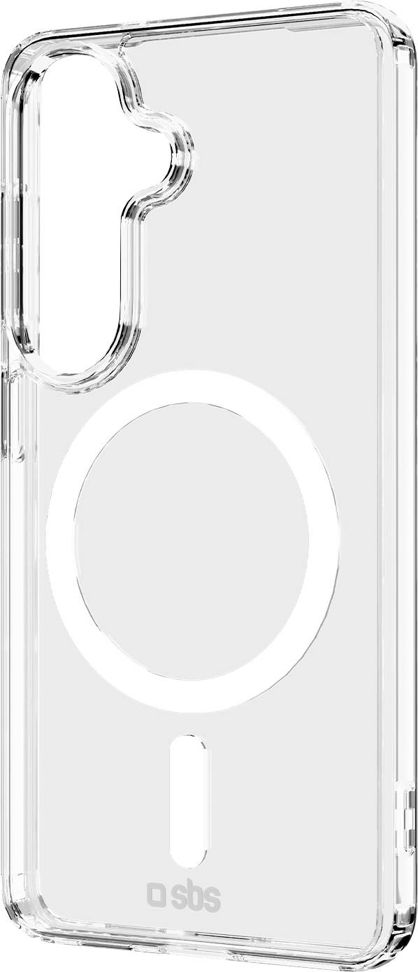 Transparente Smartphone-Schutzhülle mit kreisförmigem MagSafe-ähnlichem Ring und Steckplatz unten, gezeigt in einer klaren Schutzschale.