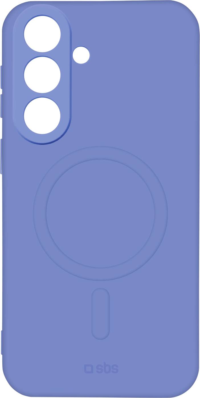 Blaue Smartphone-Hülle mit dreifachem Kameraausschnitt, großem kreisförmigem MagSafe-ähnlichem Ring und SBS-Logo in der Nähe des unteren Randes.