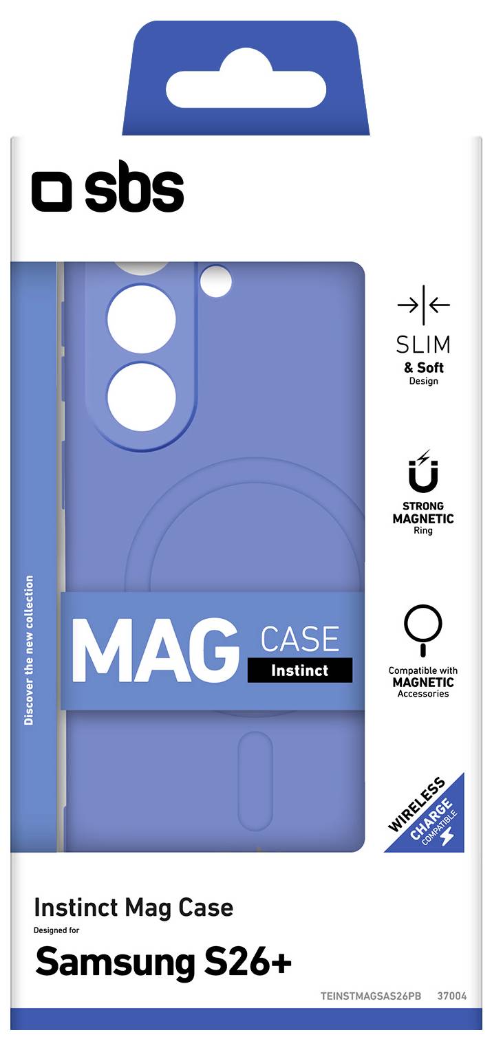 Verpackung für ein SBS Instinct Mag Case für Samsung S26+, mit einem blauen magnetischen schlanken, samtig wirkenden Handyhülle mit kabellosen Ladefähigkeit.
