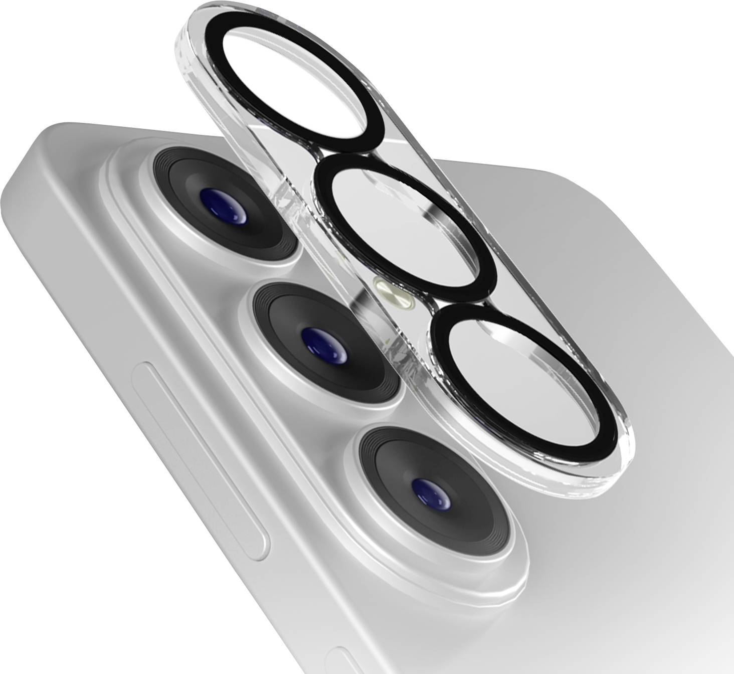 Nahaufnahme eines Smartphone-Kameramoduls auf der Rückseite mit drei Objektiven und einer erhöhten transparenten Schutzabdeckung.