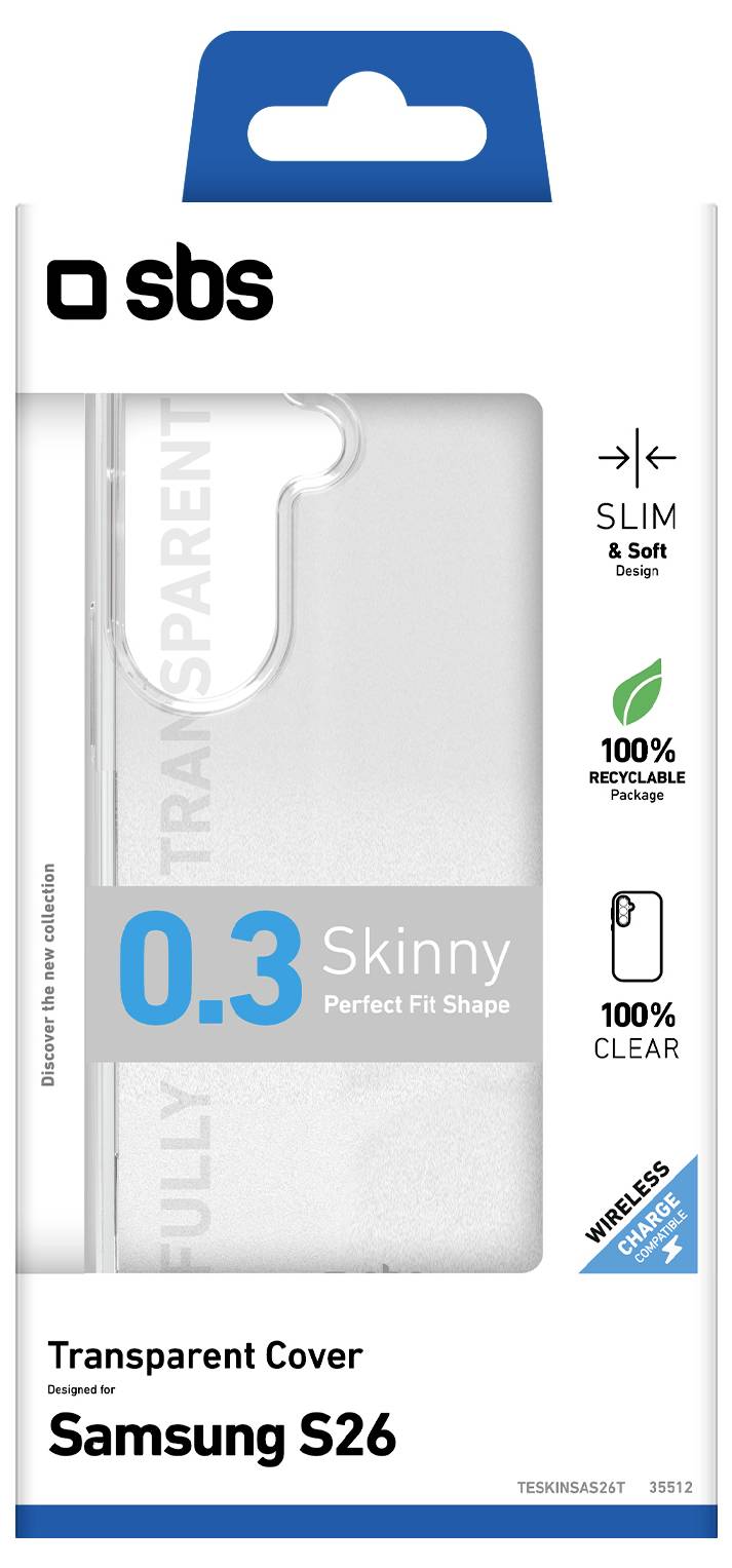 Paket für eine transparente Samsung S26 Handyhülle, mit der Bezeichnung 0.3 Skinny, Slim & Soft Design, 100% recycelbar, 100% transparent, kompatibel mit kabelloses Laden.