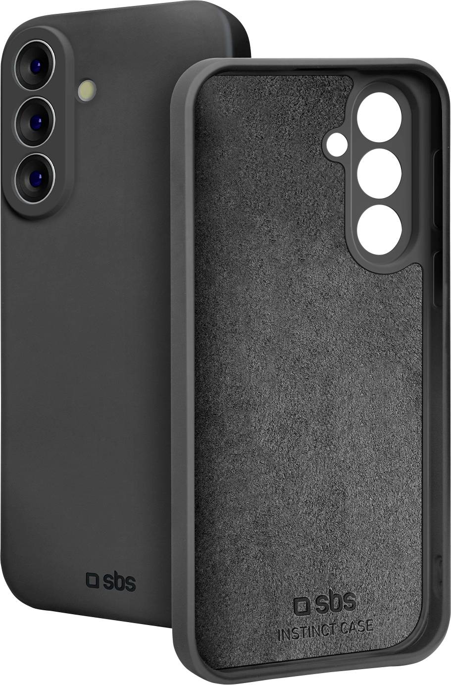 Schwarze SBS Instinct Case Smartphone-Hülle, von vorne und hinten abgebildet, mit erhöhtem Kameraausschnitt und weiches Innenfutter.