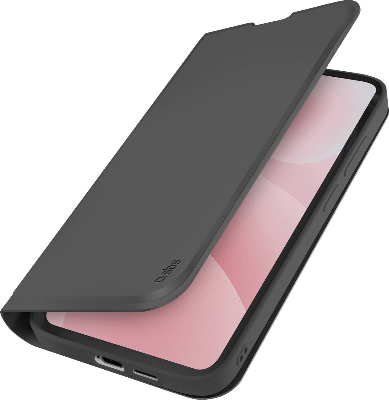 Schwarze Klapphülle für Smartphones, die das Display und den Ladeanschluss teilweise abdeckt.