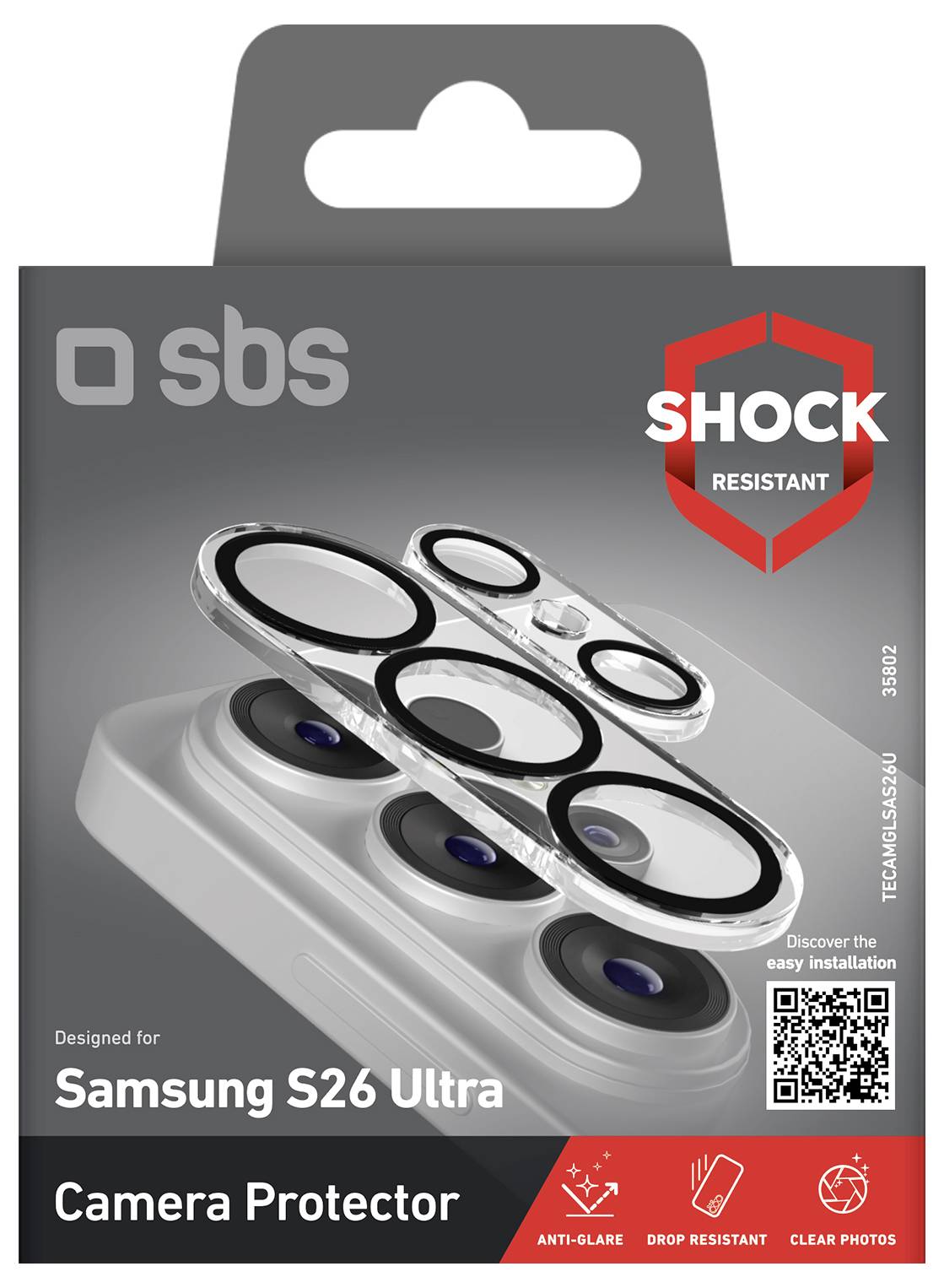 Paket für SBS stoßfesten Kameraschutzer für Samsung S26 Ultra, das geschichtete Linsenscutzringe zeigt und Etiketten mit 