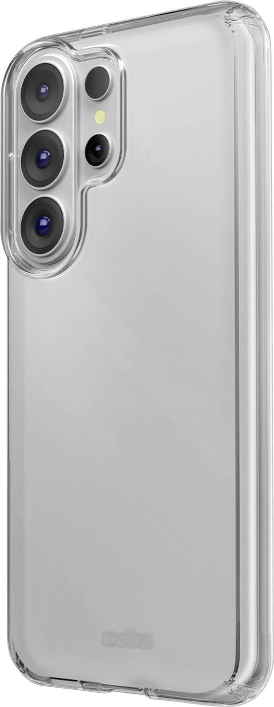 Durchsichtige, klare Handyhülle auf der Rückseite eines Smartphones, mit Ausschnitten für die Kamera und Tasten.