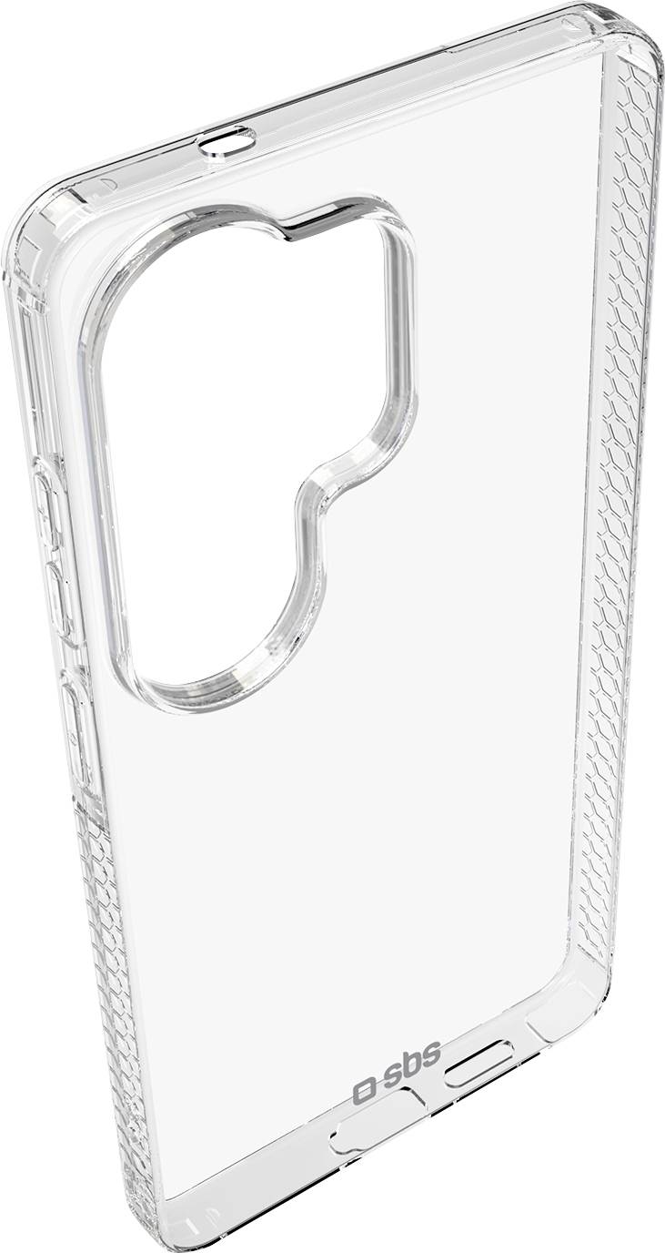 Transparente Smartphone-Schutzhülle mit großem Ausschnitt für die rückwärtige Kamera und strukturierten Seitengriffen, gezeigt auf einfachem weißem Hintergrund.