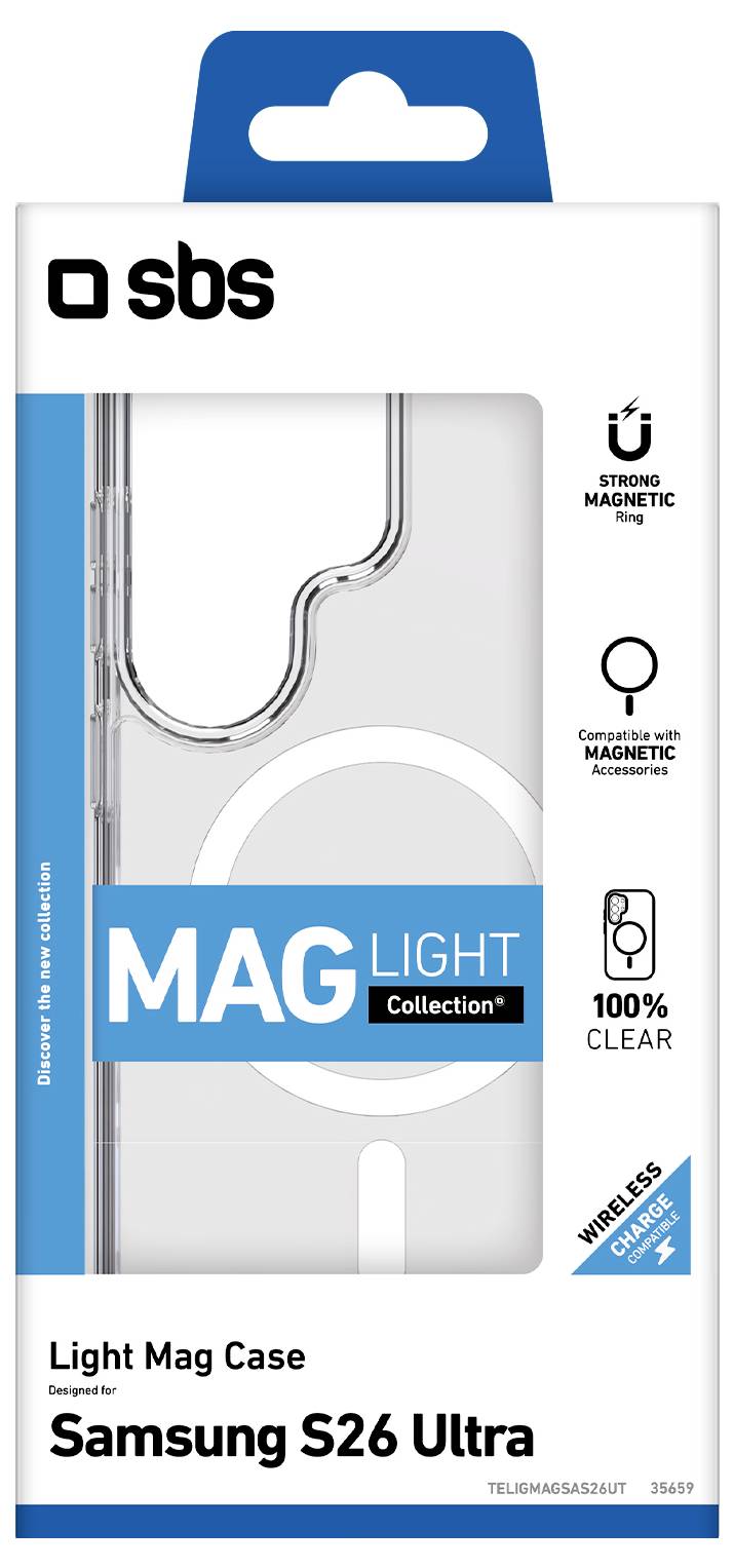 SBS Light Mag Case Verpackung für Samsung S26 Ultra mit transparentem 'MAG LIGHT Collection' Case, Magnetring, drahtlosem Laden und Symbolen für starken Magnetring.