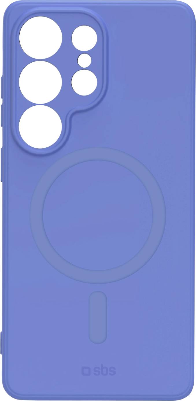 Blaue Smartphone-Schutzhülle mit erhöbenem, kreisförmigem MagSafe-ähnlichem Ring und dreifacher Kameraaussparung oben links.
