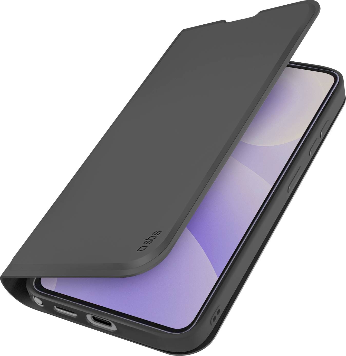 Schwarze Klapphülle für Mobiltelefon, teilweise offen über einem Smartphone, wobei der Bildschirm und der Ladeanschluss sichtbar sind.
