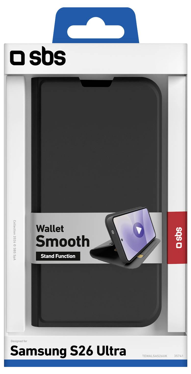 SBS Wallet Smooth Standhülle für Samsung S26 Ultra, schwarz, mit Standfunktion, gezeigt in Einzelhandelverpackung.