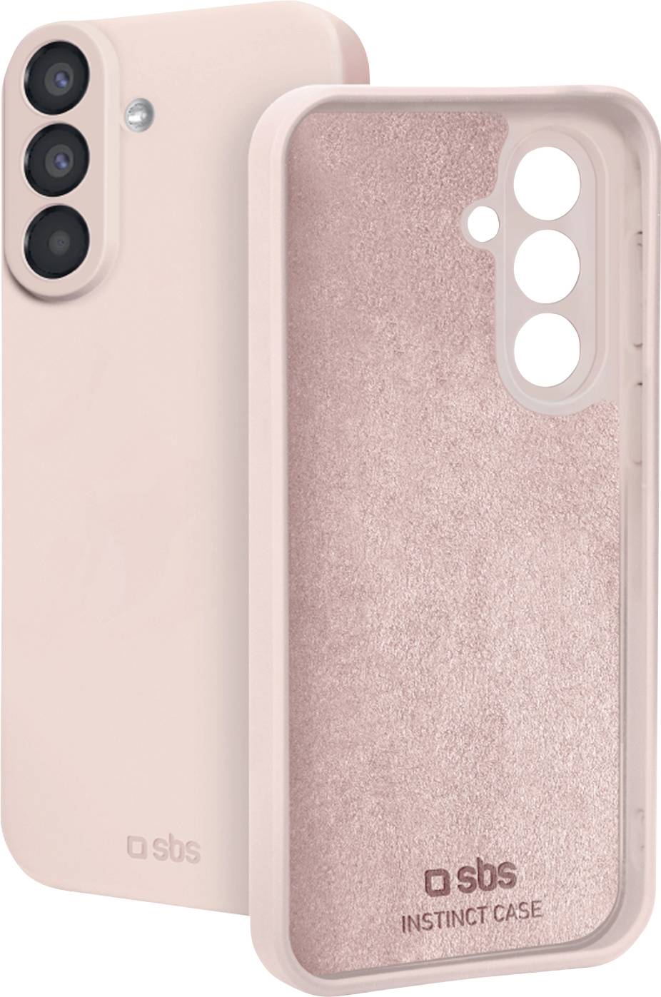 Rosa schutzhülle für telefon, vorne und hinten gezeigt, mit drei kameraaussparungen, strukturierter innenfütterung und 