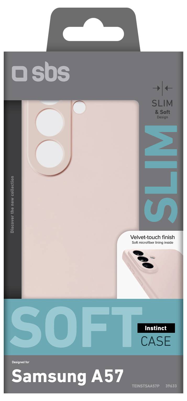 Verpackung für eine SBS Slim Soft Handyhülle für Samsung A57 in Rosa, mit den Texten „SOFT CASE