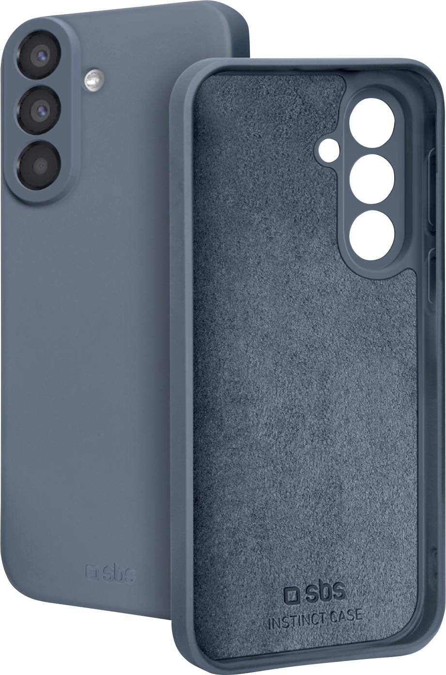 Blauer Smartphone-Case von vorne und hinten gezeigt, mit drei rückwärtigen Kameraausschnitten und einem weichen Stoffinneren mit der Bezeichnung „sbs Instinct Case