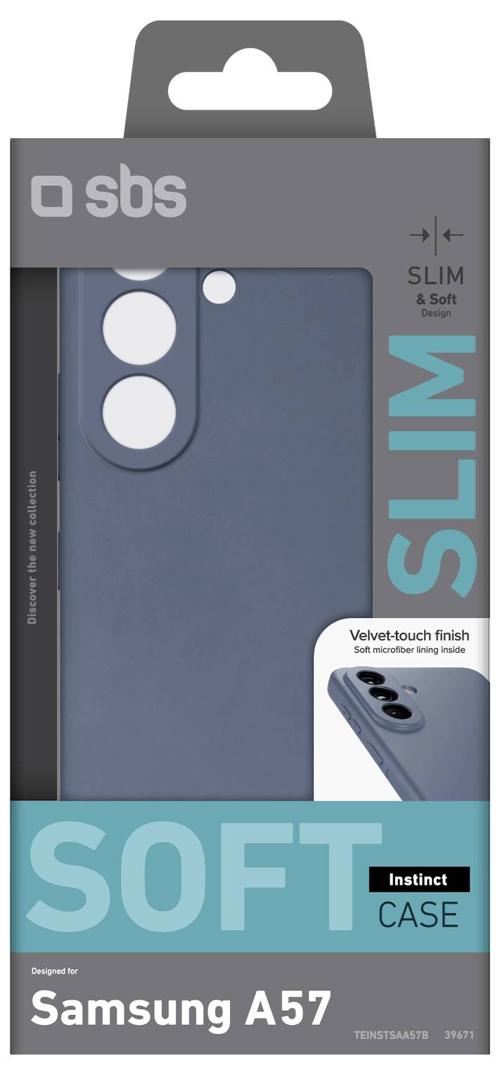 Verpackung für ein SBS schlankes weiches Schutzetui für Samsung A57, blau mit Samtoberfläche, gekennzeichnet mit „SOFT CASE