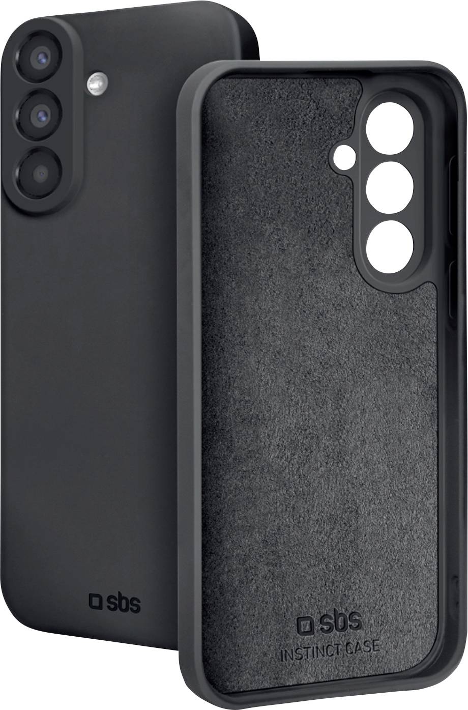 Schwarze SBS-Smartphone-Schutzhülle von vorne und hinten gezeigt, mit Kameraausschnitten und strukturiertem Innenfutter.