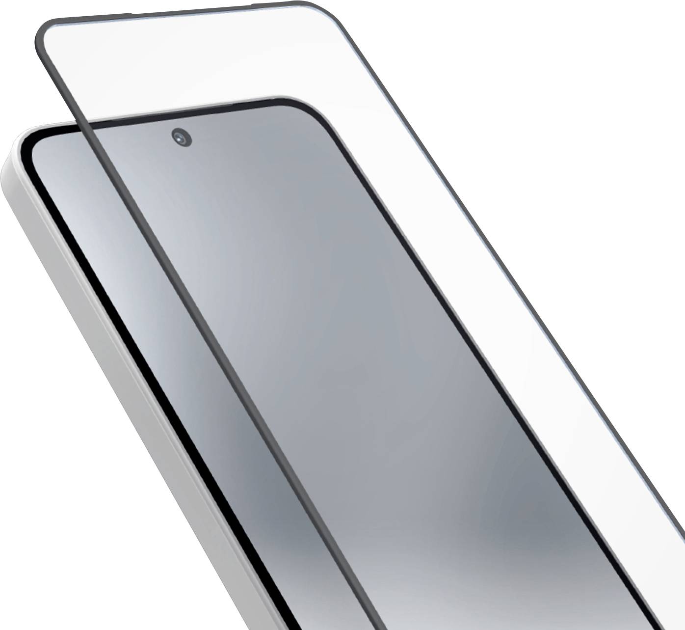 Transparente Displayschutzfolie ausgerichtet über einem Smartphone-Display, das einen Ausschnitt für die frontseitige Kamera oben zeigt.