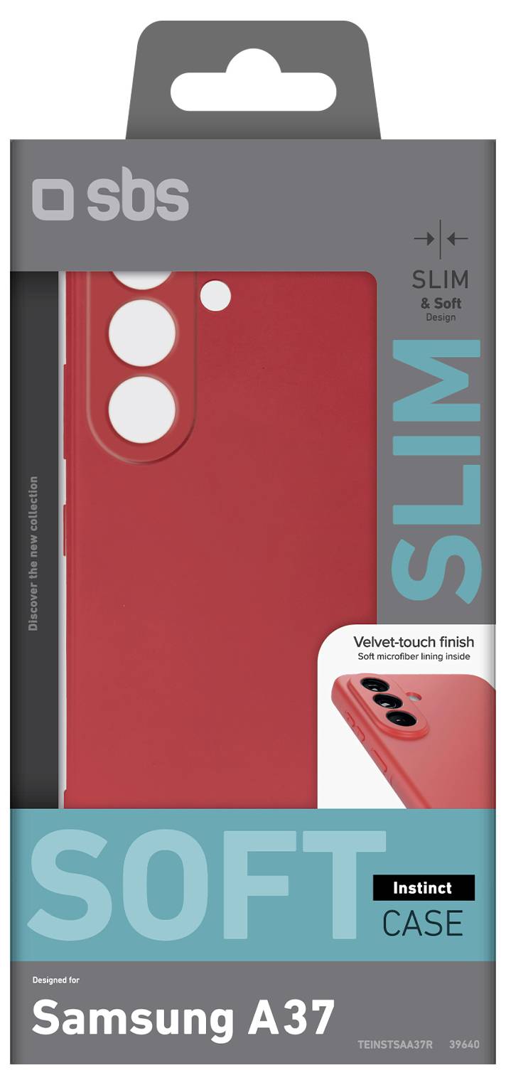 Verpackung für ein SBS Slim Soft Case für Samsung A37, gezeigt in Rot mit Samtstoff-Finish und blaugrüner 