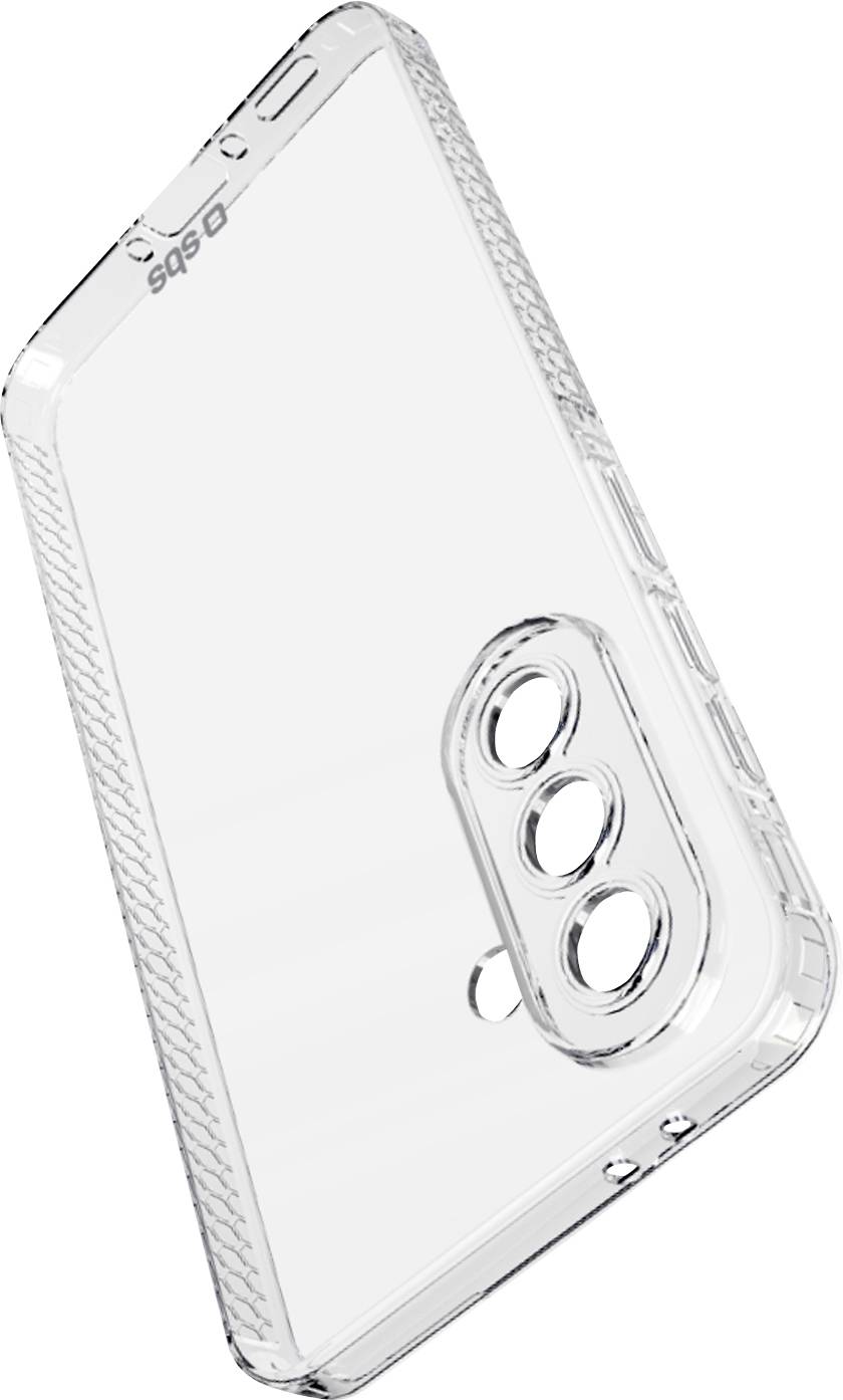 Transparentes klares Smartphone-Etui, schräg positioniert dargestellt, mit dreifacher hinterer Kamera-Aussparung und schützenden erhabenen Kanten.