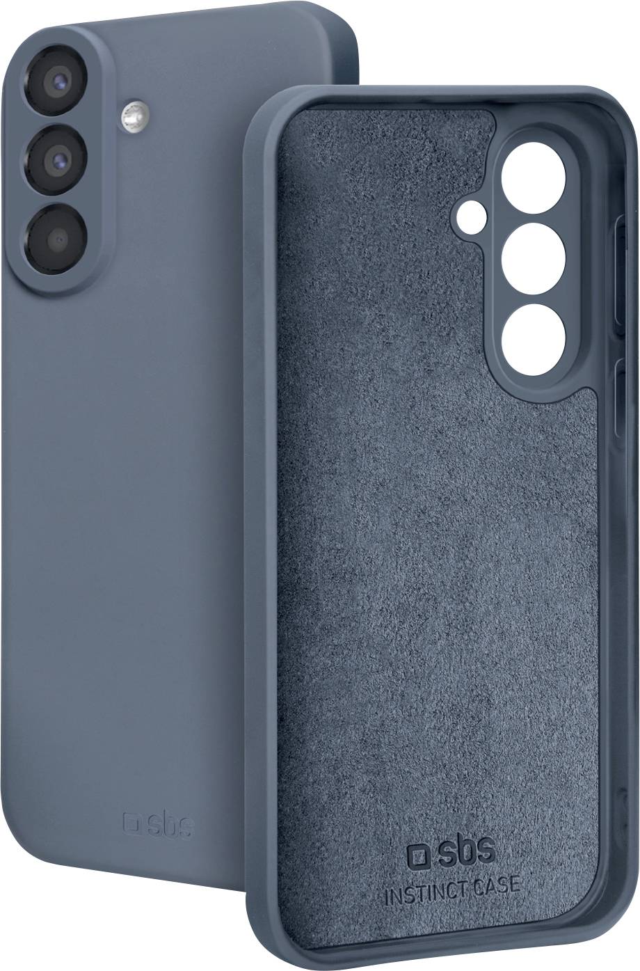 Blaue Smartphone-Schutzhülle, vorne und hinten gezeigt, mit erhöhten Kameraausschnitten und strukturiertem Inneren, beschriftet mit „SBS Instinct Case