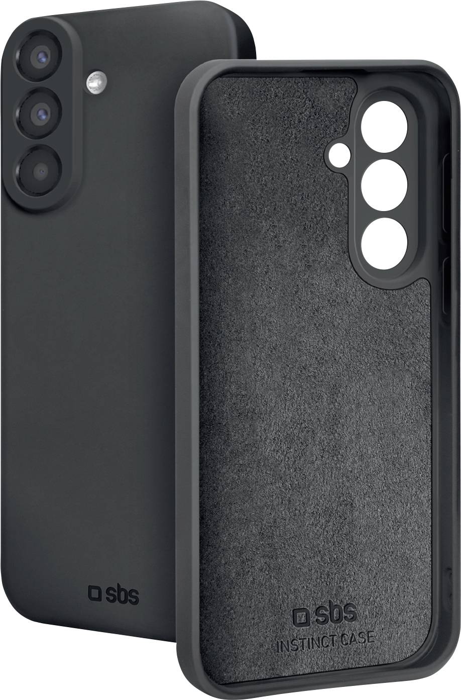 Schwarze Smartphone-Hülle von vorne und hinten gezeigt, mit drei hinteren Kameraausschnitten und SBS Instinct Case-Branding.