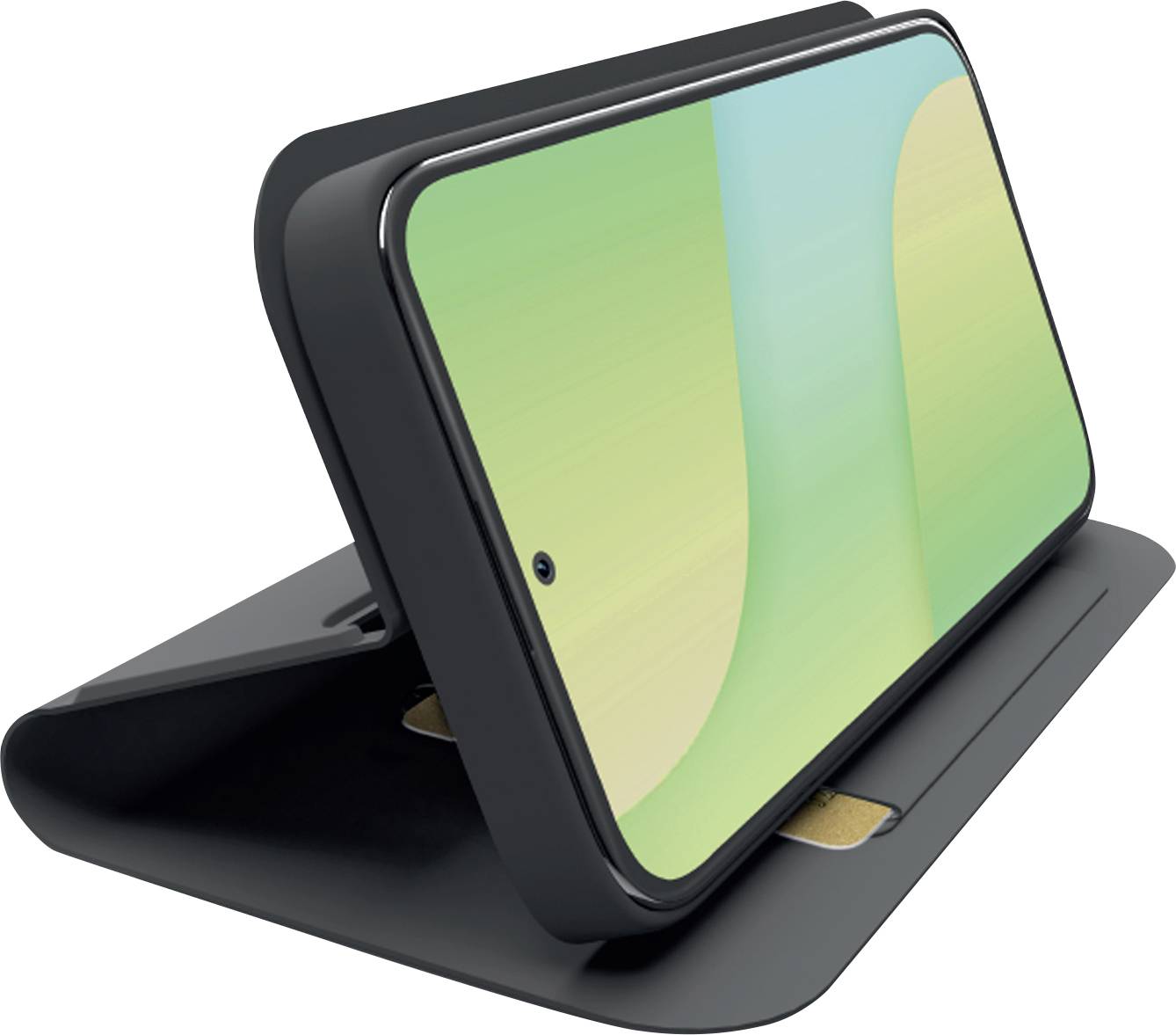 Tablet in einem schwarzen Klappständer-Etui, in schräger Ansicht auf weißem Hintergrund.
