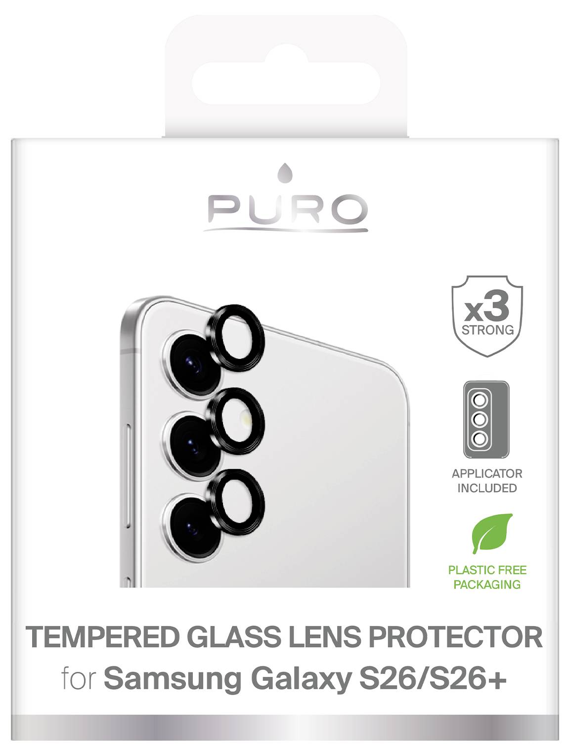 Verpackung für PURO gehärtete Glasisolierer für Samsung Galaxy S26/S26+, mit x3 starkem Schutz und Applikator im Lieferumfang enthalten.