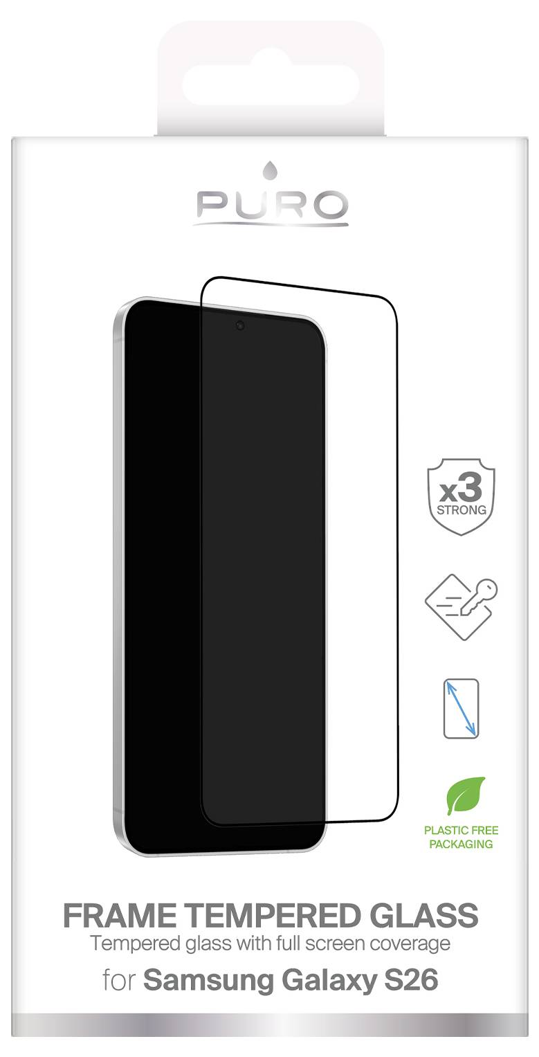 Puro Frame gehärtete Glaschutzfolie für Samsung Galaxy S26, vollständige Displayabdeckung, 3x Stärke, plastikfreie Verpackung.