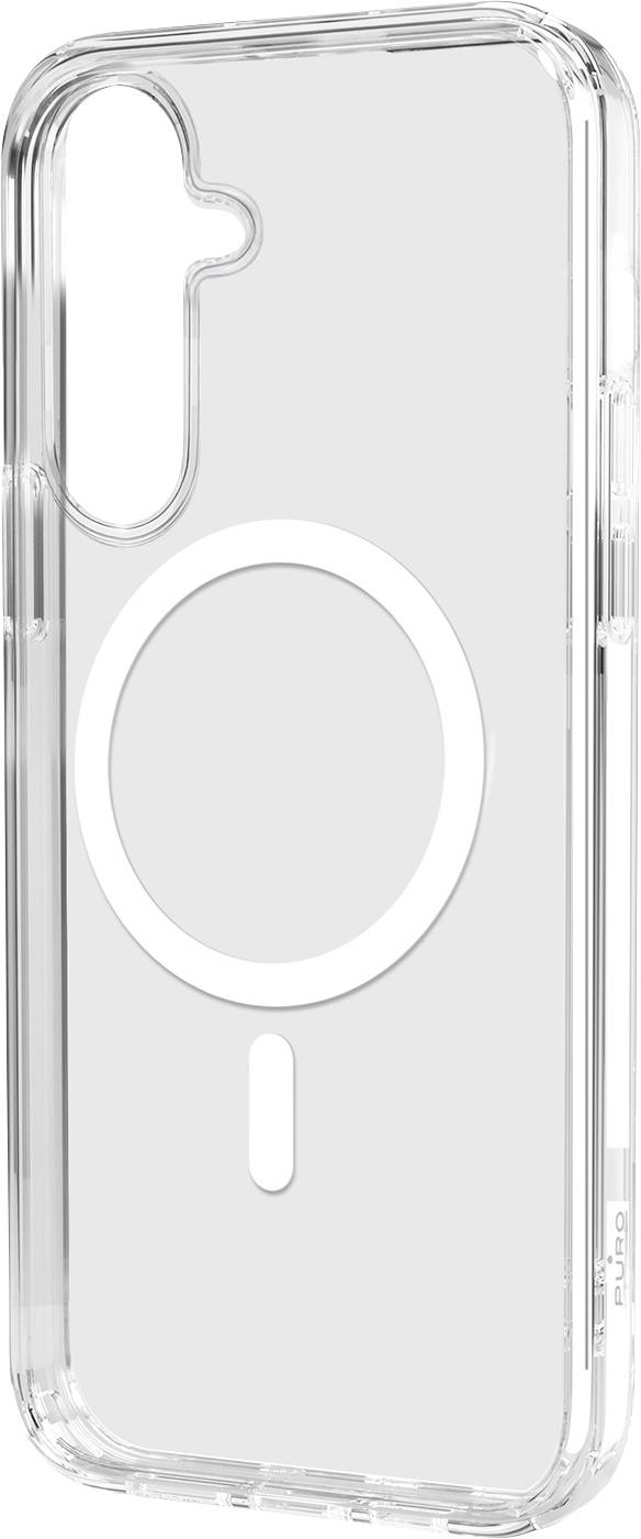 Transparente Handyhülle mit integriertem kreisförmigem Magnetring und vertikalem Ausrichtungsbalken auf der Rückseite, konzipiert für kabelloses Laden oder magnetisches Zubehör.