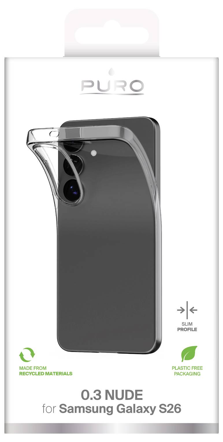 Produktpaket für Puro '0,3 Nude' transparente Schutzhülle für Samsung Galaxy S26, gezeigt auf einem Telefon mit grünen Etiketten für recycelte Materialien und kunststofffreie Verpackung.