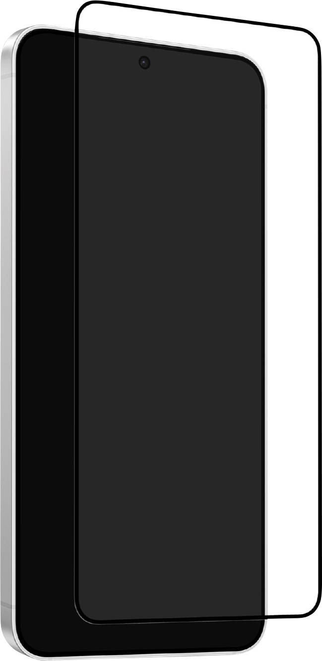Schwarzes Smartphone in Vorderansicht mit ausgeschaltenem Bildschirm, teilweise bedeckt von einer transparenten Schutzhülle oder einem Displayschutz.