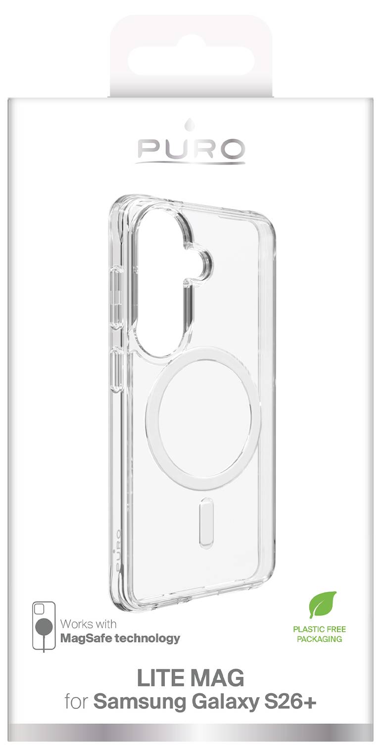Verpackung für PURO Lite Mag transparente Handyhülle für Samsung Galaxy S26+, gekennzeichnet mit „Funktioniert mit MagSafe-Technologie