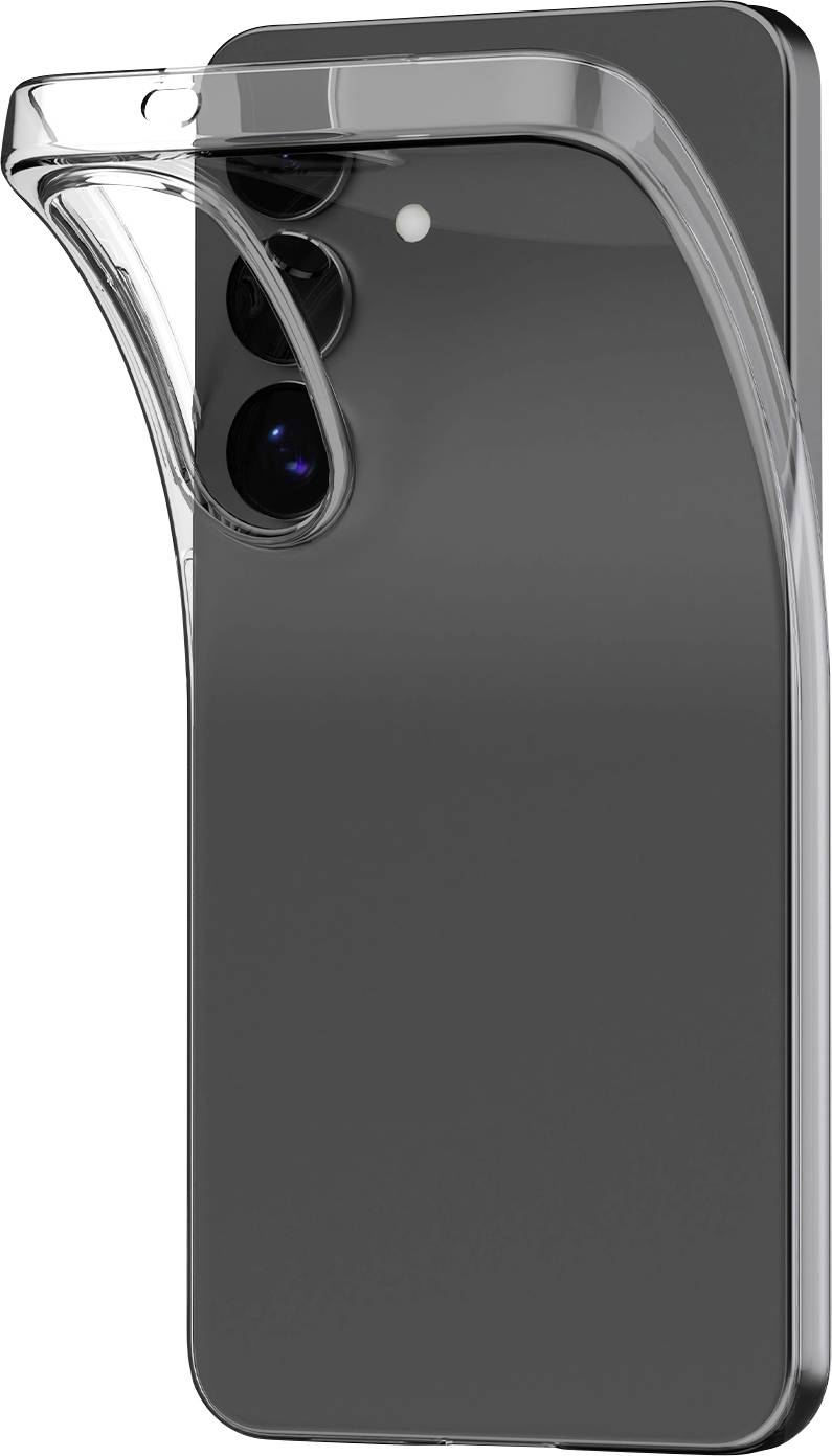 Transparente Schutzhülle, die an der Ecke eines schwarzen Smartphones angebracht ist und den Ausschnitt für die hintere Kamera und den erhöhten Kantenschutz zeigt.