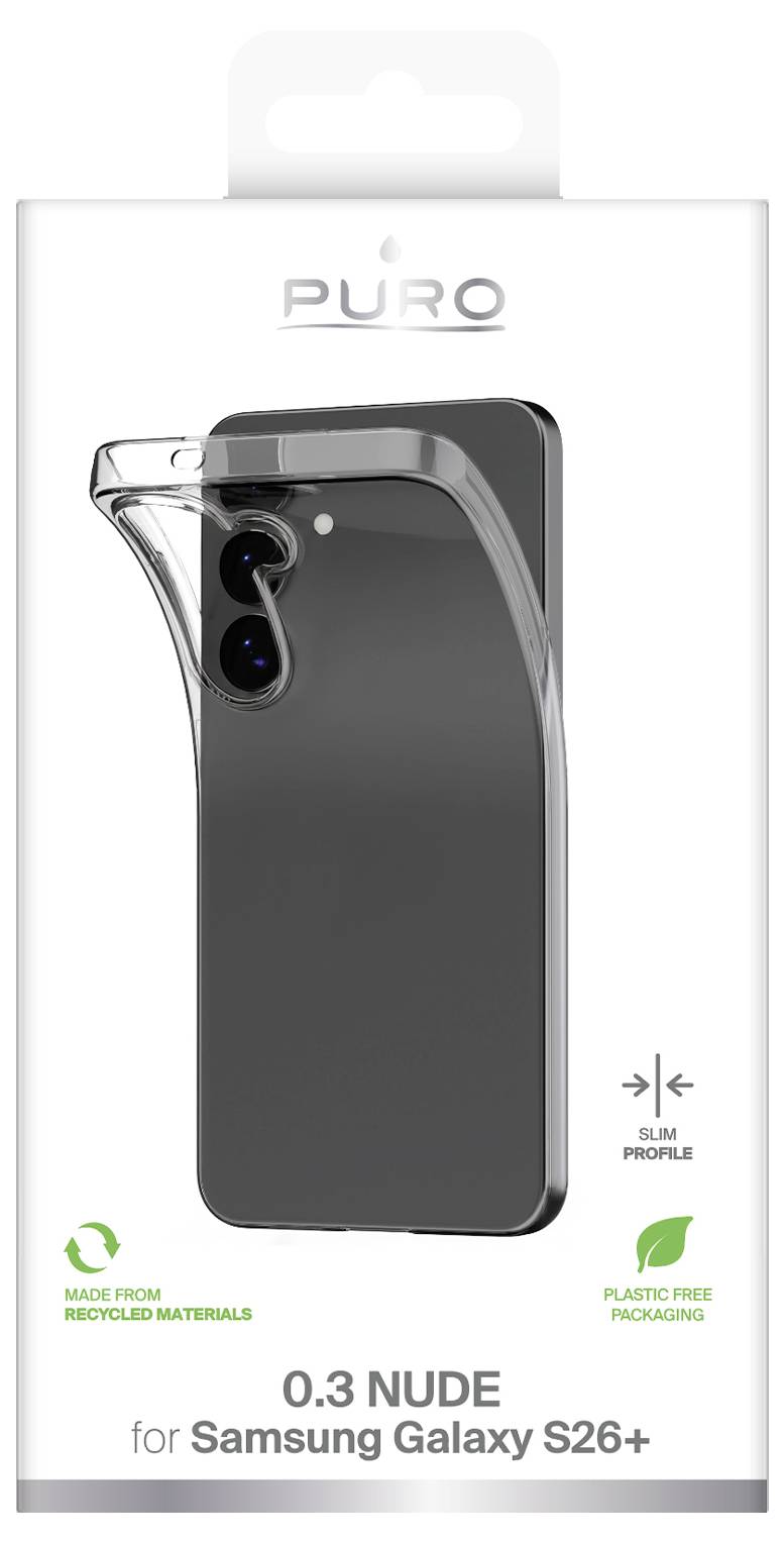 PURO 0.3 Nude schlanke durchsichtige Handyhülle für Samsung Galaxy S26+, gezeigt in Einzelhandelsverpackung mit Labels „aus recycelten Materialien hergestellt