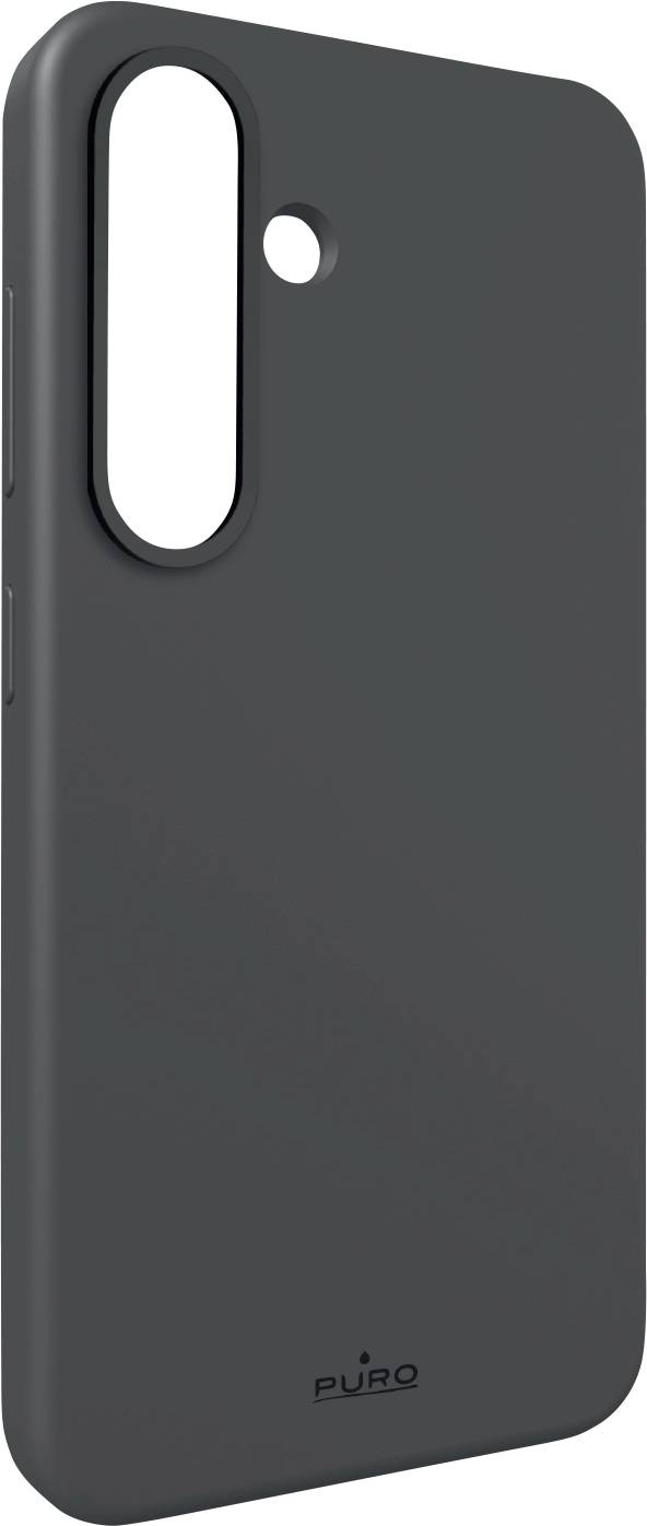 Dunkelgraue Smartphone-Schutzhülle mit großem vertikalem Kameraausschnitt und kleiner kreisförmiger Blitzöffnung, mit Puro-Branding am unteren Ende.