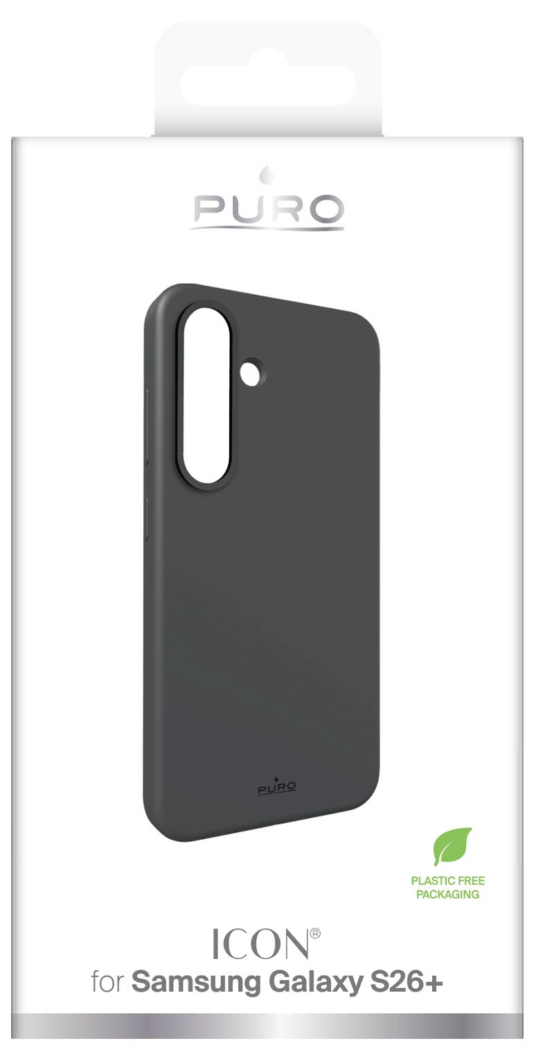 PURO ICON-Hülle für Samsung Galaxy S26+, gezeigt auf weißer Verpackung mit schwarzer Handyhülle und 