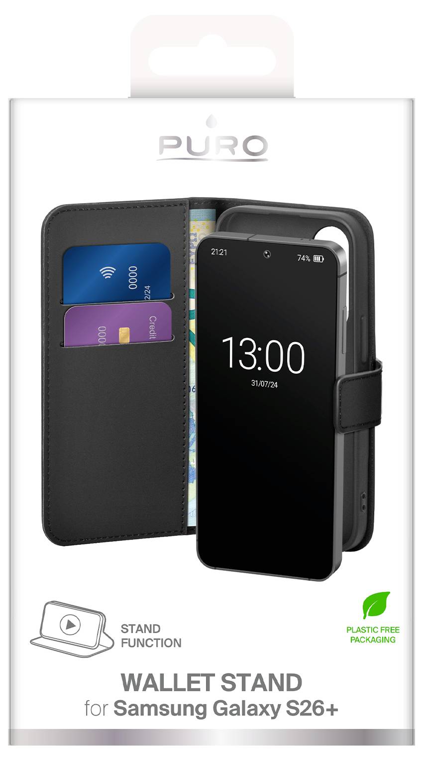 PURO Wallet-Ständer-Hülle für Samsung Galaxy S26+, mit Kartenfächern, Ständerfunktion und kunststofffreier Verpackung.