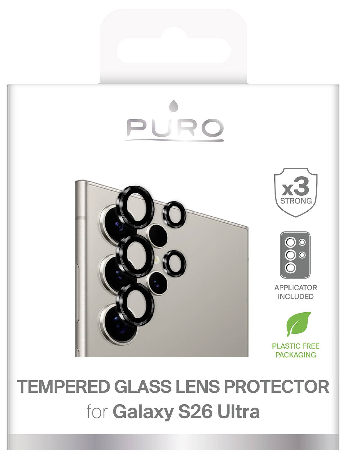 PURO Hartglasschutzfolie für Galaxy S26 Ultra, abgebildet auf einem Telefon mit Kamera-Ausschnittringen; Paketmerkmale x3 Festigkeit, Applikator enthalten und plastikfreie Verpackung.
