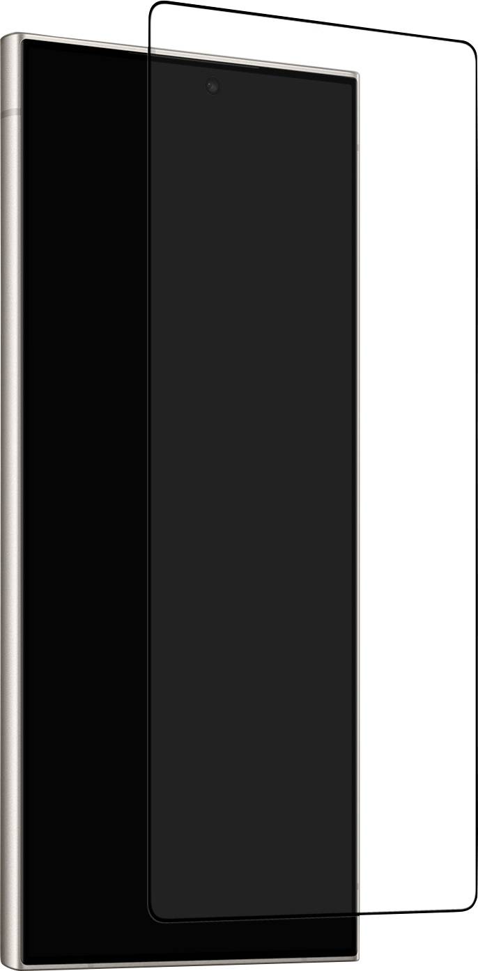 Ein schwarzes Smartphone, frontal dargestellt, mit einer transparenten Displayschutzfolie aus gehärtetem Glas darüber.