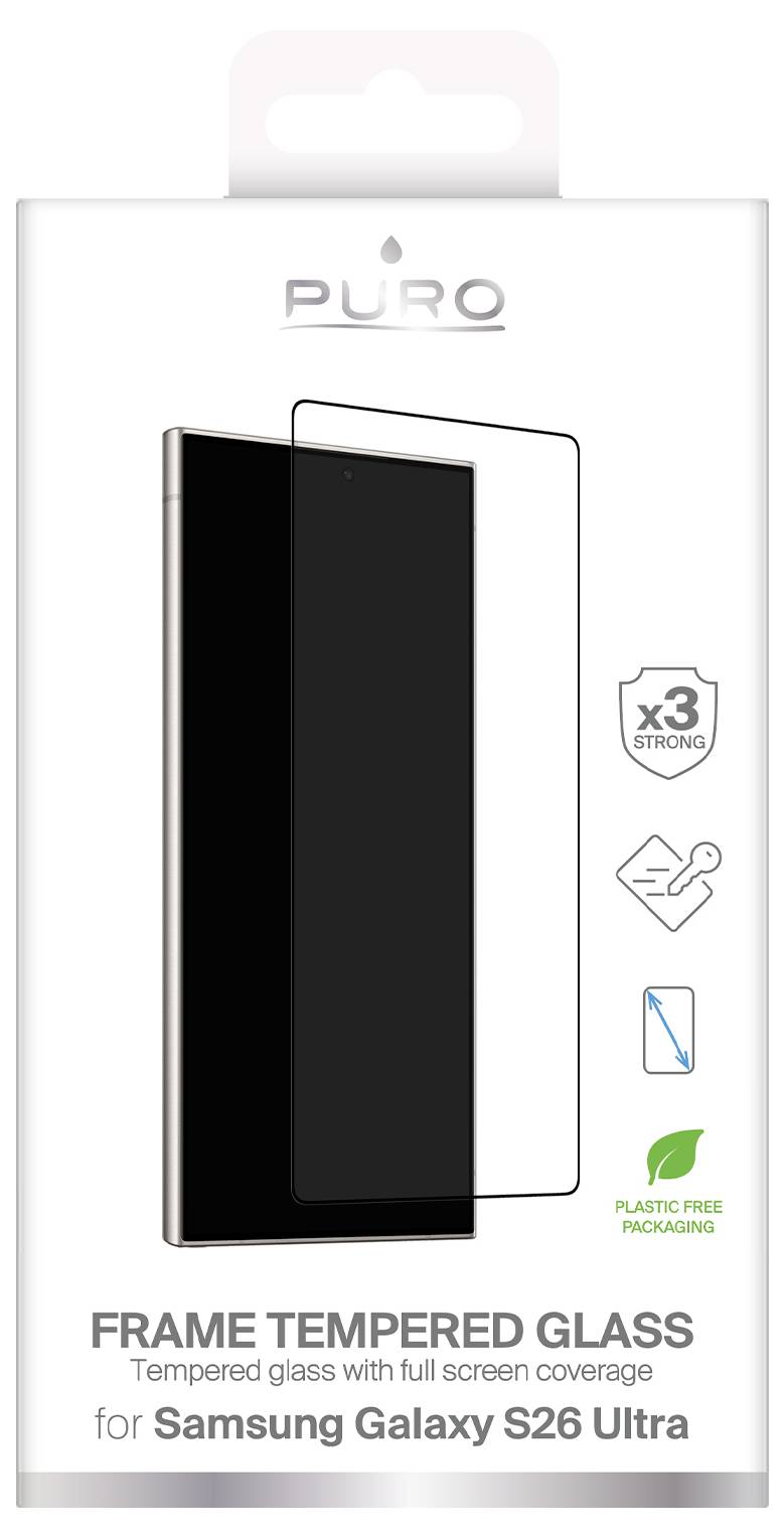 Verpackung für PURO Rahmen-Panzerglas-Displayschutz für Samsung Galaxy S26 Ultra, mit x3 starken, kunststofffreien Verpackungssymbolen.