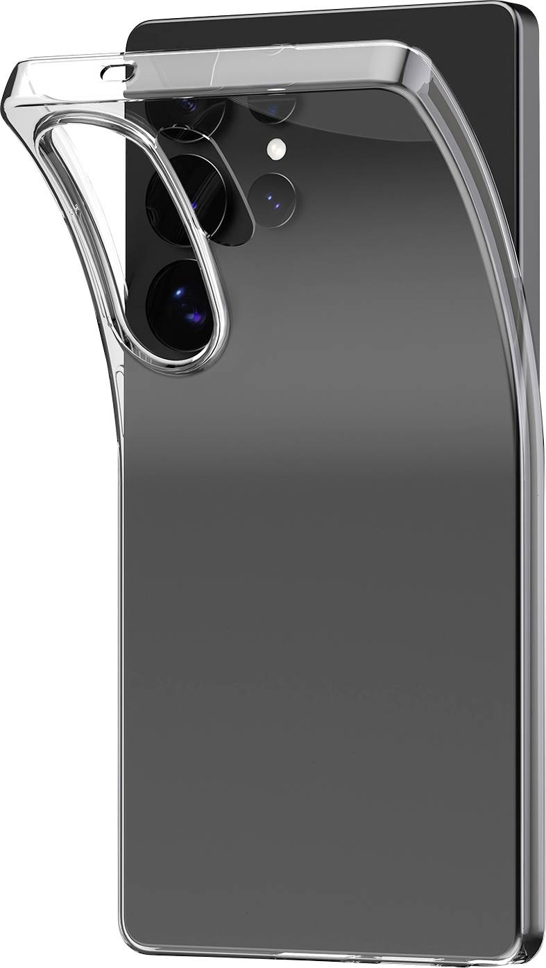 Durchsichtige Schutzhülle für ein Smartphone auf einem schwarzen Smartphone, mit erhöbenem Kameraausschnitt und schlanken transparenten Rändern.