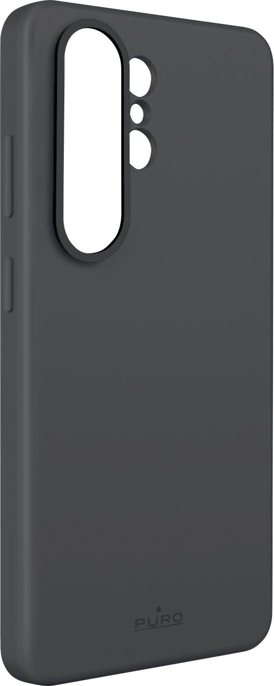 Dunkelgraue Smartphone-Hülle von hinten gezeigt, mit einem großen vertikalen Kameraausschnitt und drei kleineren Linsenöffnungen oben.