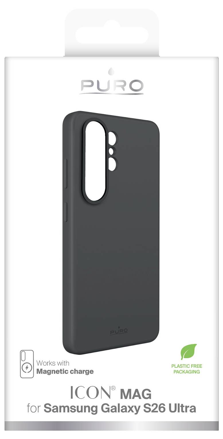 Verpackung für PURO ICON MAG Schutzhülle für Samsung Galaxy S26 Ultra, zeigt eine dunkle Handyhülle und vermerkt Kompatibilität mit magnetischem Laden und plastikfreier Verpackung.