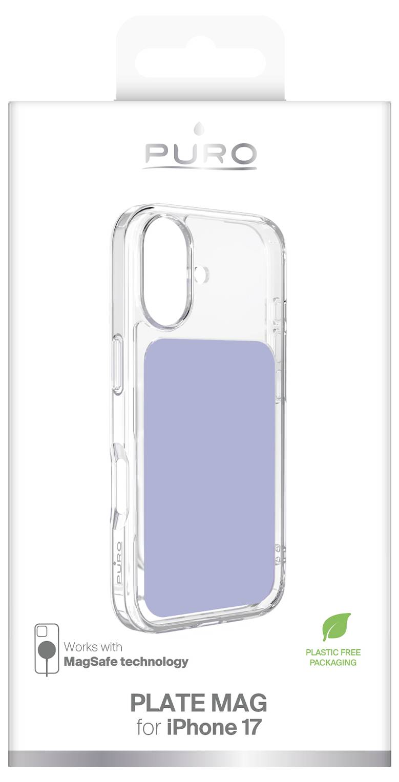 Verpackung für PURO Plate Mag iPhone 17-Hülle mit MagSafe-Kompatibilität und Symbolen für plastikfreie Verpackung.