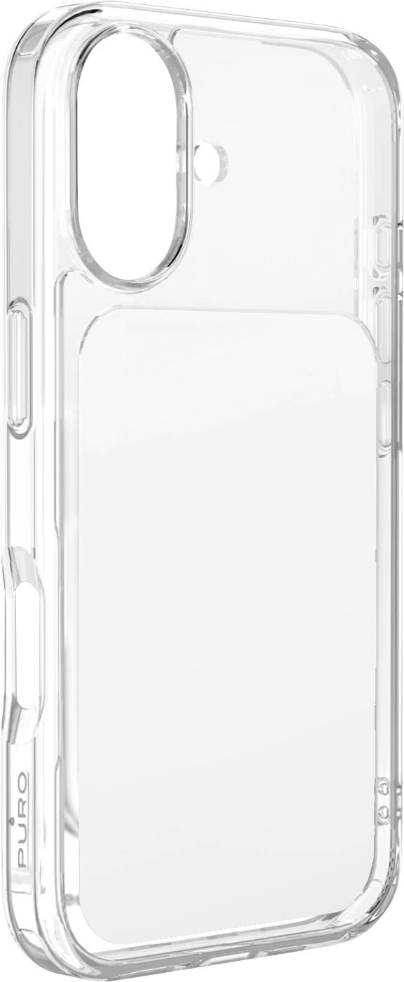 Durchsichtige Schutzhülle für Smartphones mit großem ovalem Kameraausschnitt und weißem MagSafe-ähnlichem Ring auf der Rückseite.