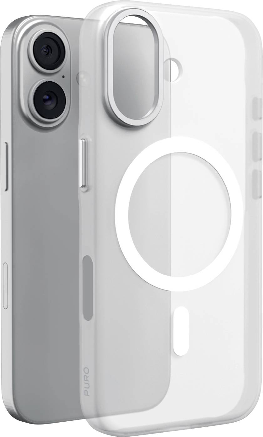 Transparente iPhone-Hülle mit großem MagSafe-Ring und erhöhtem Kameraausschnitt, über einem silbernen iPhone abgebildet, um die Passform zu zeigen.