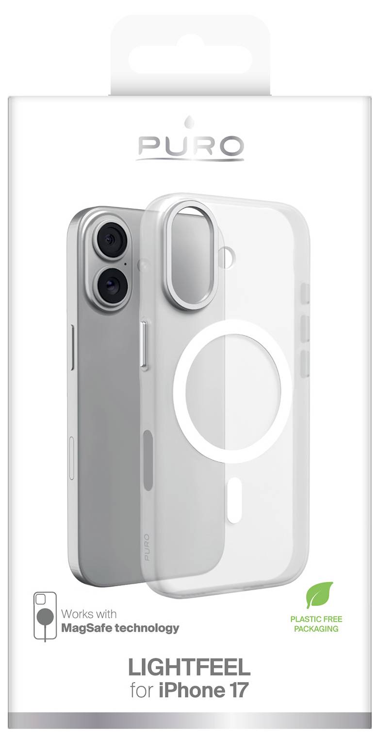 PURO Lightfeel klare iPhone 17 Hülle auf der Verpackung abgebildet, mit MagSafe-Kompatibilität und plastikfreiem Verpackungsabzeichen.