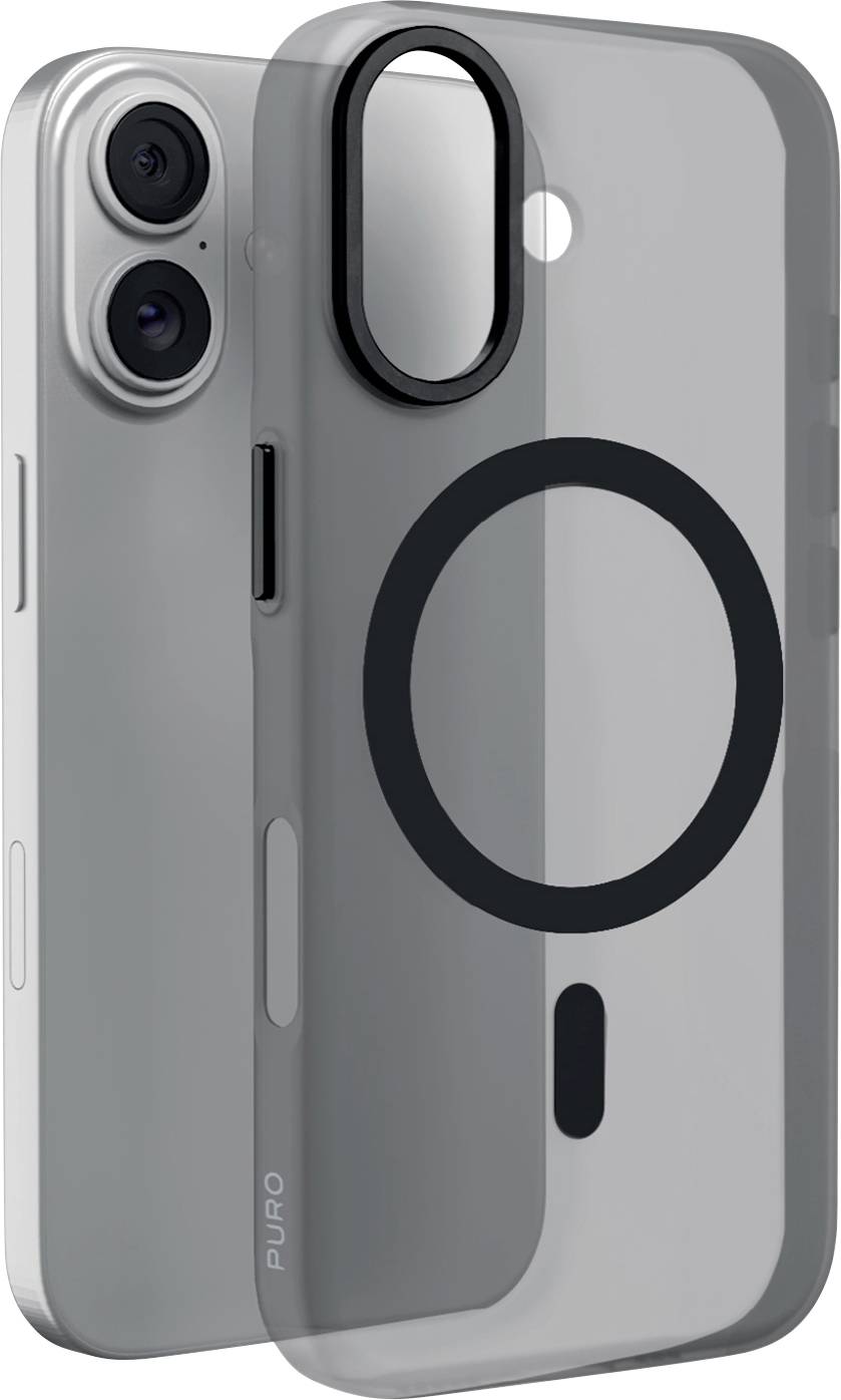 Zwei graue Smartphone-Hüllen, die von vorne und hinten gezeigt werden, mit einer Kameraaussparung und einem großen MagSafe-ähnlichen Ring auf der Rückseite.