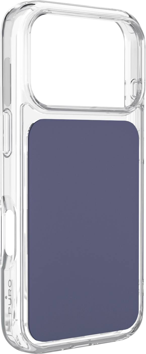 Transparente Handyhülle mit einem großen dunkelblauem rechteckigem Einsatz oder Panel, das auf der Rückseite zentriert angebracht ist.