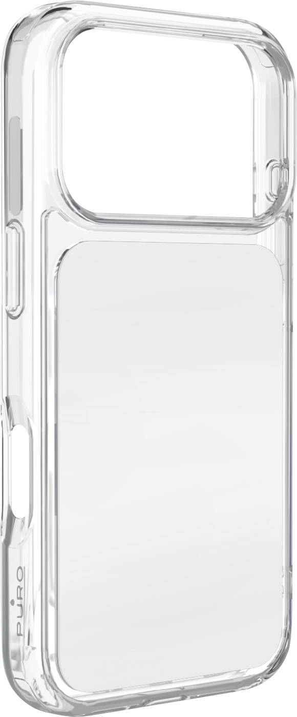 Transparentes Schutz-Smartphone-Hülle mit großem Kameraausschnitt und Tastenabdeckungen, von der Seite gezeigt.