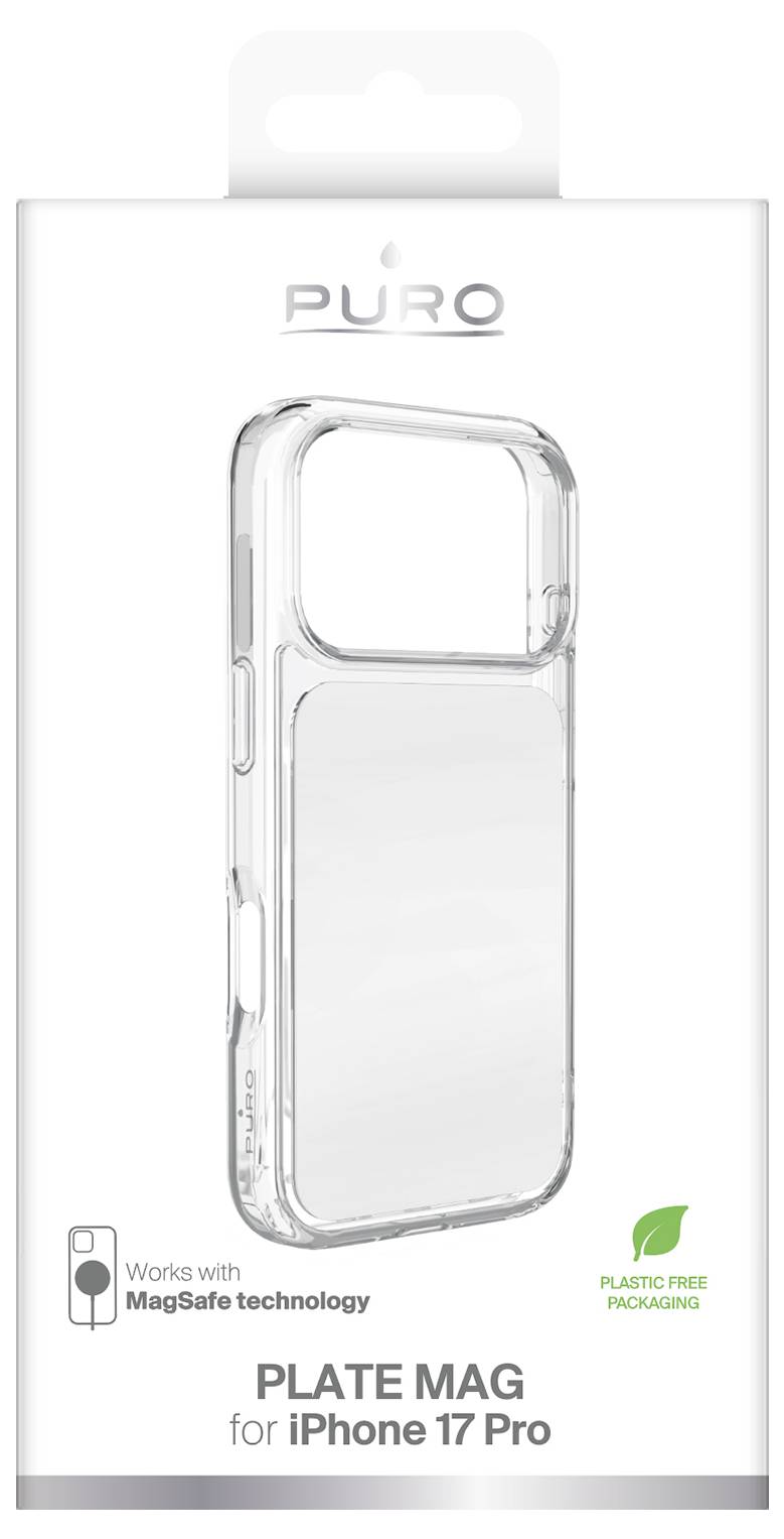 Transparente PURO 'PLATE MAG' MagSafe-Hülle für iPhone 17 Pro, in Verpackung gezeigt mit den Aufklebern „Funktioniert mit MagSafe-Technologie